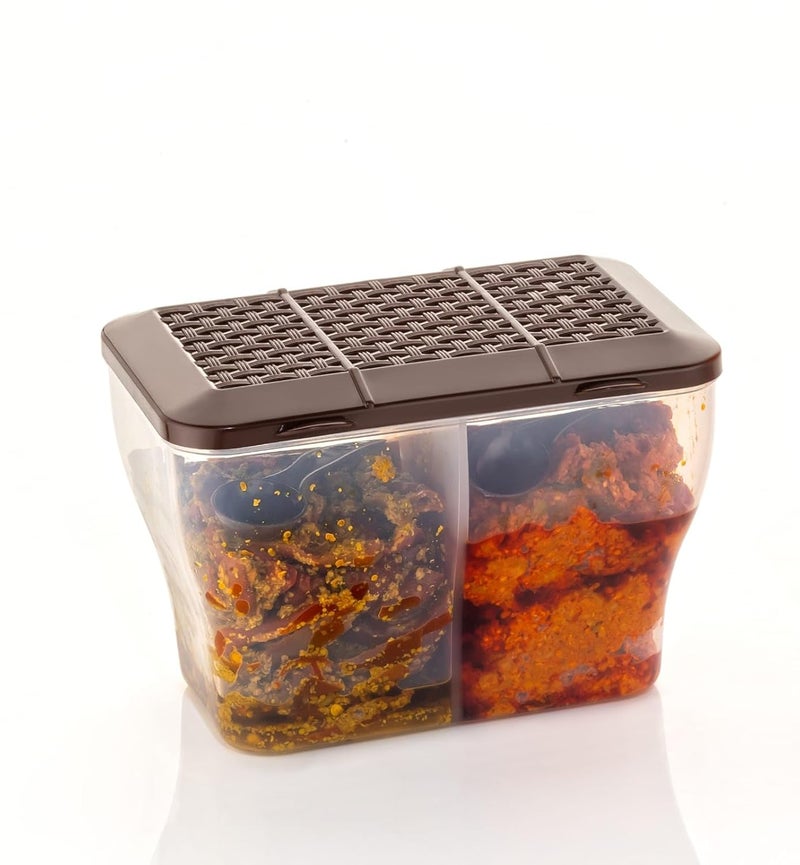 HAPPI Multipurpose Plastic 2 in 1 Masala Box for Kitchen, Spice Boxes for Kitchen, Transparent 2 Compartment Storage Containers Airtight Grocery, Dry Fruits Box 2000 Ml with 2 Spoons(Brown) - Image 3