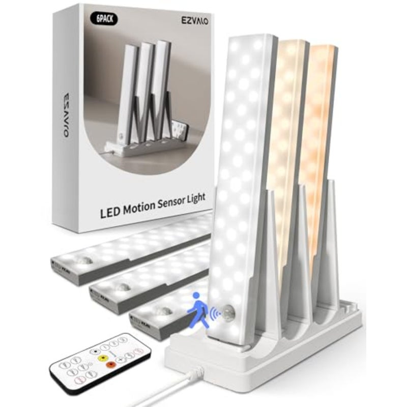 6-Pack Under Cabinet Lighting with Charging Station, Rechargeable Motion Sensor Lights, 3 Color Temps, Dimmable 62 LED Wireless Motion Activated Cabinet Lights with Remote for Kitchen, Pantry - Image 1