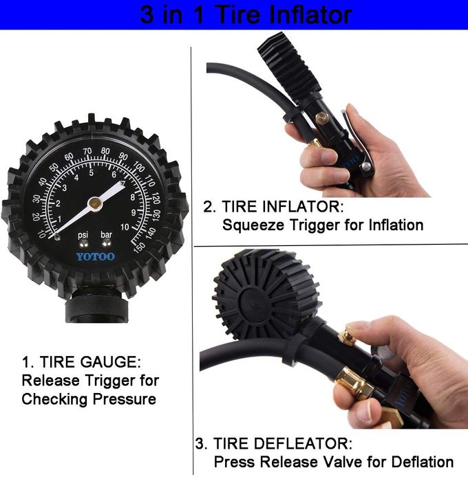 yotoo Recoil Air Hose Kit with Tire Inflator Gauge, 1/4" Industrial Quick Coupler and Plug for tire infaltion and air Tools - Image 3