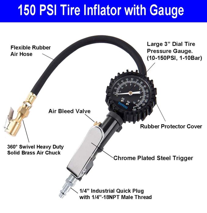 yotoo Recoil Air Hose Kit with Tire Inflator Gauge, 1/4" Industrial Quick Coupler and Plug for tire infaltion and air Tools - Image 2