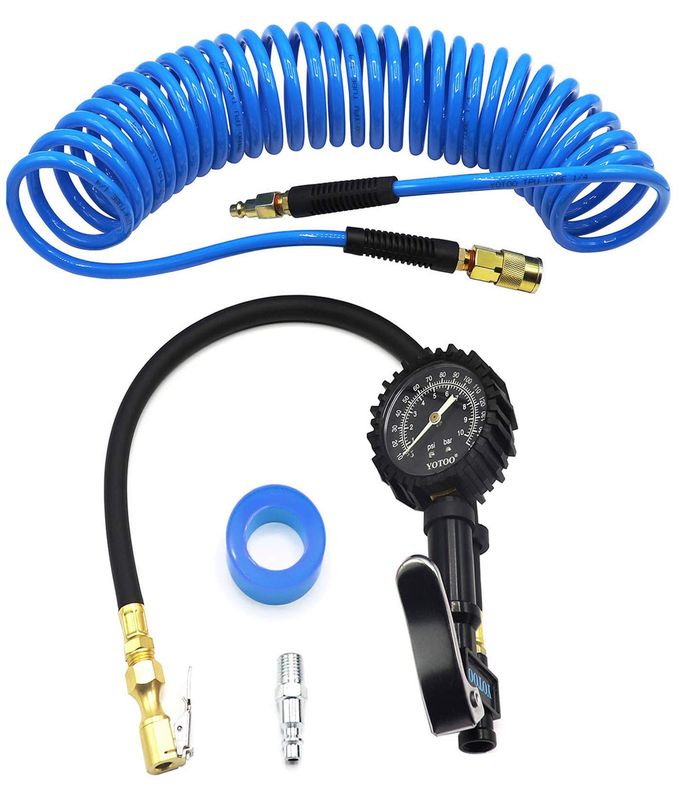 yotoo Recoil Air Hose Kit with Tire Inflator Gauge, 1/4" Industrial Quick Coupler and Plug for tire infaltion and air Tools - Image 1