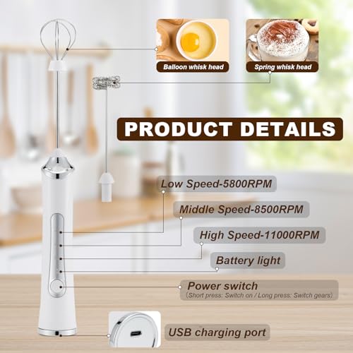 Freebala Handheld Electric Milk Frother with 2 Heads, Coffee Whisk Foam Mixer with USB Rechargeable 3 Speeds, Foam Maker Blender for Latte, Cappuccino, Hot Chocolate, Egg (White) - Image 4