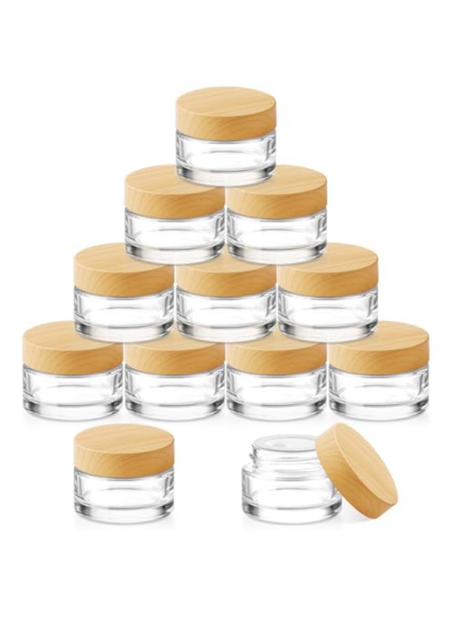 Bumobum 12 Pcs 5 Grams Glass Cosmetic Jars with Plastic WoodGrain Lids 5 ml Lip Balm Containers Empty Tiny Sample Jars for Lip Scrub Makeup Eye Cream Travel - Image 1