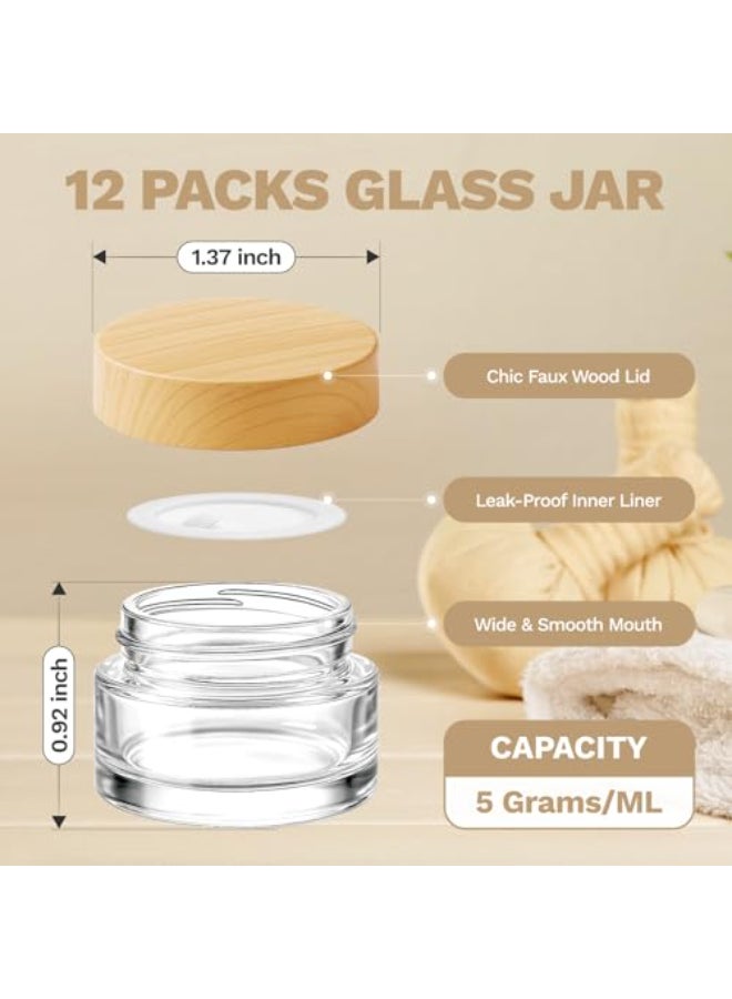 Bumobum 12 Pcs 5 Grams Glass Cosmetic Jars with Plastic WoodGrain Lids 5 ml Lip Balm Containers Empty Tiny Sample Jars for Lip Scrub Makeup Eye Cream Travel - Image 3