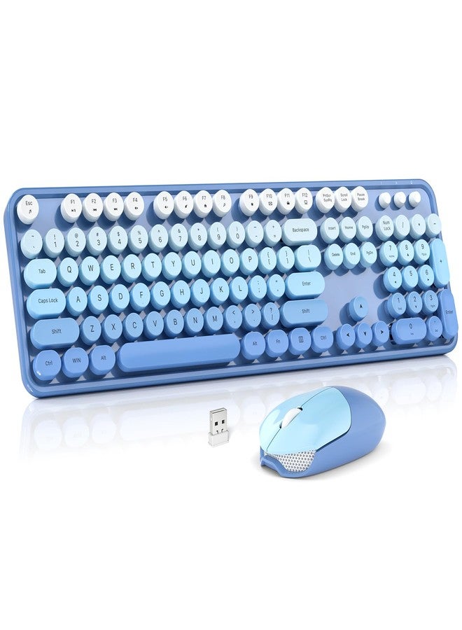 MOWUX Wireless Keyboard and Mouse Combo, MOWUX Full Size Typewriter Retro Round Computer Keyboard, Cute Optical Mouse Wireless, Plug and Play, for Laptop, PC, Computer-Blue Gradient - Image 1