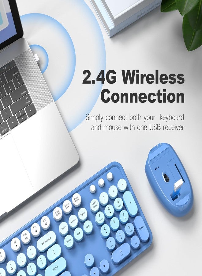 MOWUX Wireless Keyboard and Mouse Combo, MOWUX Full Size Typewriter Retro Round Computer Keyboard, Cute Optical Mouse Wireless, Plug and Play, for Laptop, PC, Computer-Blue Gradient - Image 3