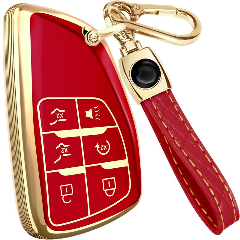 Lucrum Compatible with Chevy, GMC, and Buick Key Fob Cover & Leather Keychain - Keyfob Case for Silverado Tahoe Avenir Envision - (2021-2025) - Red and Gold - Image 1