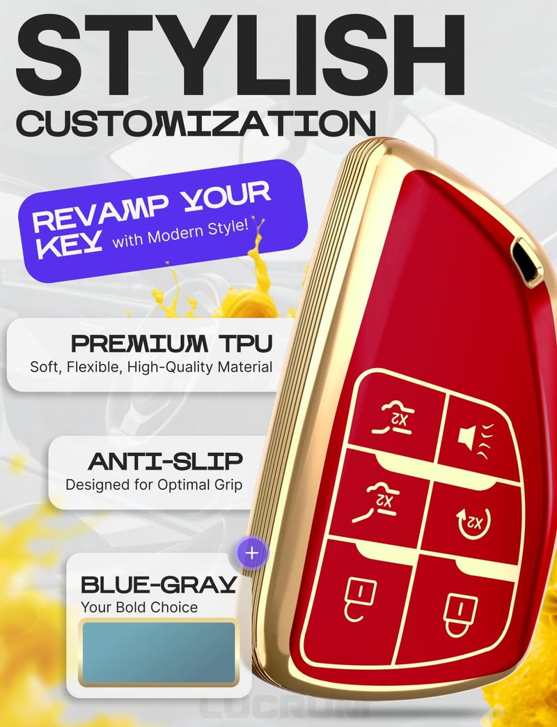 Lucrum Compatible with Chevy, GMC, and Buick Key Fob Cover & Leather Keychain - Keyfob Case for Silverado Tahoe Avenir Envision - (2021-2025) - Red and Gold - Image 3