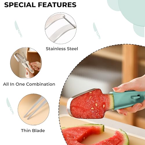 Kraptick Melon Baller Scoop Set, Watermelon Cutter and Slicer, Fruit Carving Tool Sets, Watermelon Knife Slicer, Fruits Cutting Tools-3 Pc Sets Stainless Steel (Green) - Image 5
