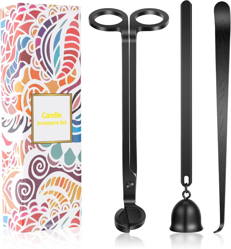 3 in 1 Candle Accessory Set, Candle Snuffer and Wick Trimmer, Candle Wick Trimmer, Wick Dipper, Candle Snuffer Extinguisher, Candle Care Kit with Gift Package for Candle Lover(Black)