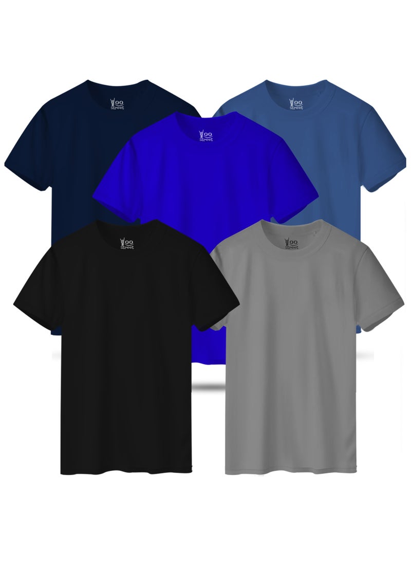 Yoo Street Bundle of 5 Classic T-Shirts - BLACK GRAY BLUE NAVY BLUE LIGHT INDIGO
