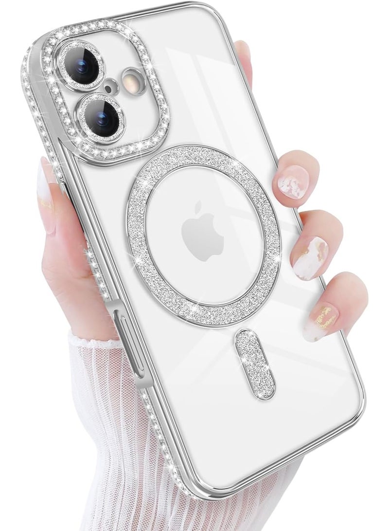 Cover For iPhone 17 Magnetic Glitter Case,Luxury Bling Rhinestone Diamond Plated Bumper Case,Compatible with MagSafe, Sparkle Camera Lens Protection Clear Cover for Women Girls(Silver) - Image 1