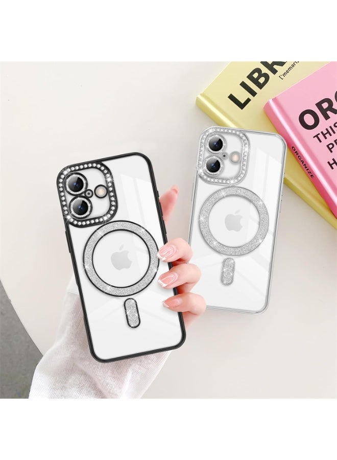 Cover For iPhone 17 Magnetic Glitter Case,Luxury Bling Rhinestone Diamond Plated Bumper Case,Compatible with MagSafe, Sparkle Camera Lens Protection Clear Cover for Women Girls(Silver) - Image 2