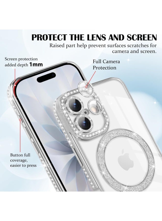 Cover For iPhone 17 Magnetic Glitter Case,Luxury Bling Rhinestone Diamond Plated Bumper Case,Compatible with MagSafe, Sparkle Camera Lens Protection Clear Cover for Women Girls(Silver) - Image 4