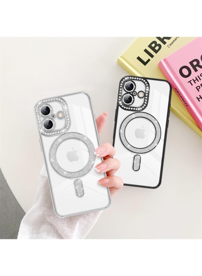Cover For iPhone 17 Magnetic Glitter Case,Luxury Bling Rhinestone Diamond Plated Bumper Case,Compatible with MagSafe, Sparkle Camera Lens Protection Clear Cover for Women Girls(Silver) - Image 3