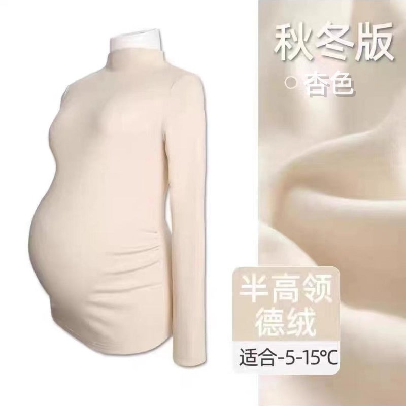 Pregnant womens clothing fashion spring autumn winter two-piece pregnant women adjustable abdominal pants solid color velvet warm bottoming shirt suit 245# apricot top