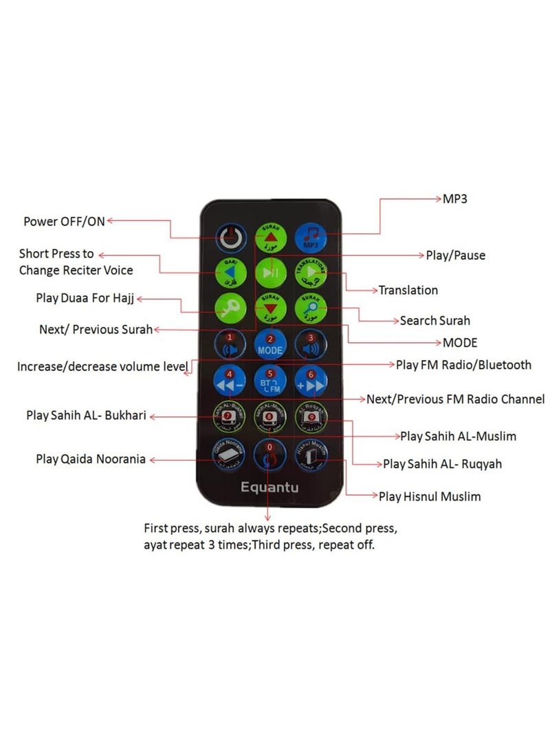 DIGI CORE Remote & App Control Speaker Portable Quran Speaker MP3 Player 8GB TF FM Quran Translator USB Rechargeable Wireless Speaker Complete Quran Reciter 18 Reciter 15 Translation Fast Surah Selection SQ-200 Black - Image 2