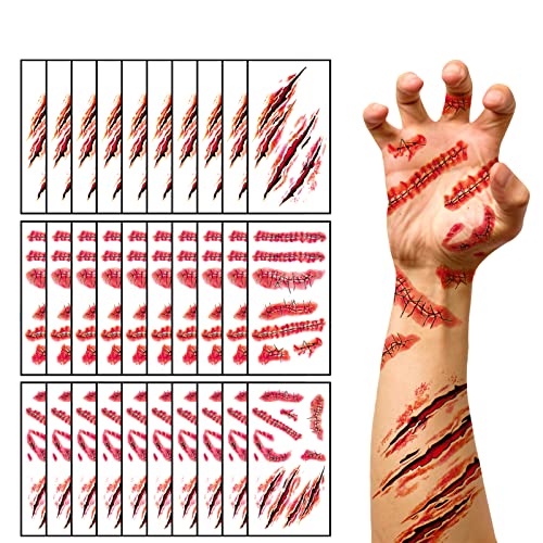 winthrop 30 Sheets Halloween Temporary Tattoos Horror Stitch Scar Scab Zombie Makeup Tattoos Stickers Realistic Bloody Fake Wound for Halloween Party - Image 1