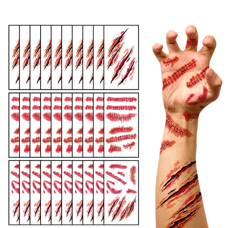 winthrop 30 Sheets Halloween Temporary Tattoos Horror Stitch Scar Scab Zombie Makeup Tattoos Stickers Realistic Bloody Fake Wound for Halloween Party - Image 3