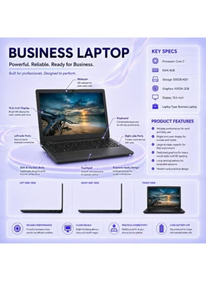 Business Laptop 15.6 Inch Display, Intel i7 Class Processor, 8GB RAM, 500GB Storage, 2GB Graphics with Laptop Bag, Wireless Mouse and Laptop Stand - Image 3