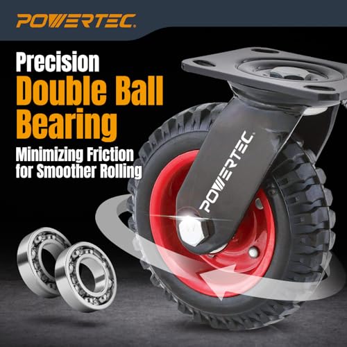 POWERTEC عجلات دوارة POWERTEC بقطر 6 بوصات، عجلات ثقيلة مع قاعدة دوارة مع مداس مطاطي لورشة العمل، دوللي، عربة، عربة تسوق، عربة وبيت دجاج، عجلات مطاطية كبيرة، 1PK (17050) - Image 4