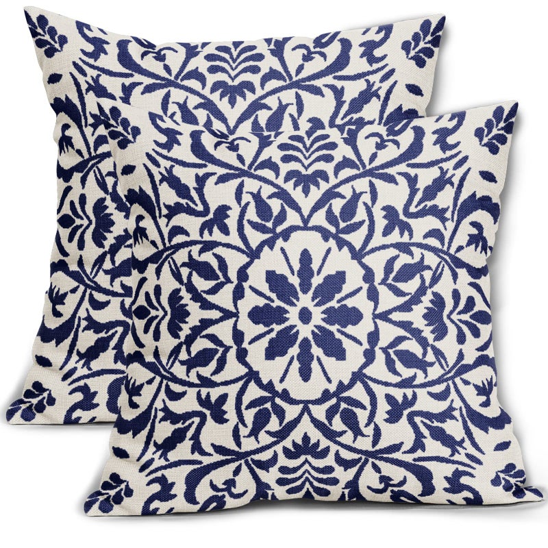 Navy Blue Ethnic Boho Pillow Covers 20 X 20 Inch Bohemian Carpet Style Vintage Navy Flower Print Decorative Throw Pillows Outdoor Linen Square Cushion Case Farmhouse Decor for Home Sofa Bed Set of 2