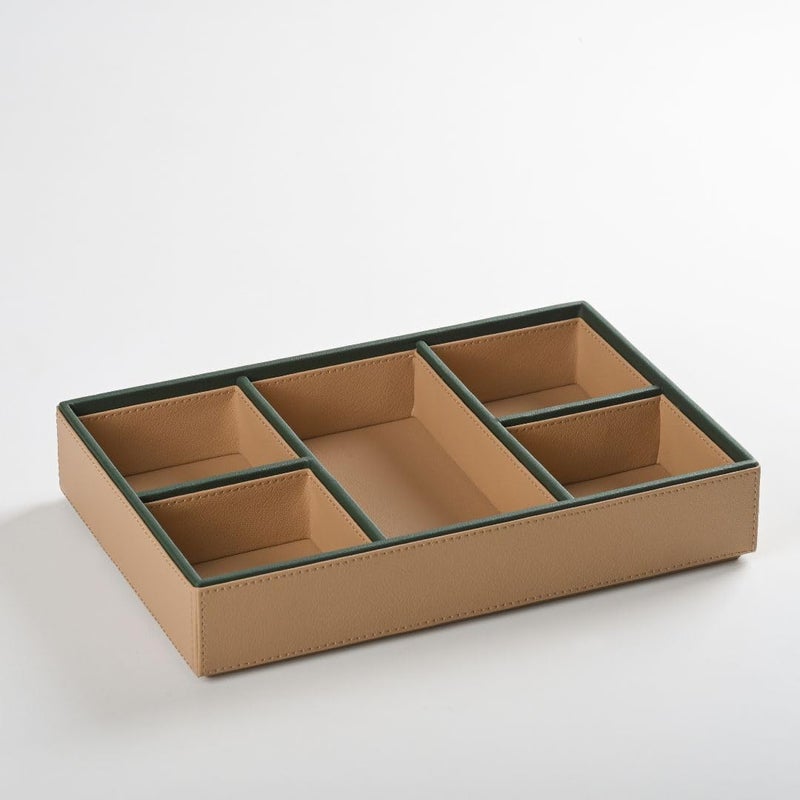 CASA BOTANICAL Handcrafted Desk Leather Organizer Tray with 5 Compartments Versatile and Stylish | Perfect for Office, Study, Table, Bedside, Cosmetic, and Decoration | Beige & Green - Multi-Functional Storage - Image 1
