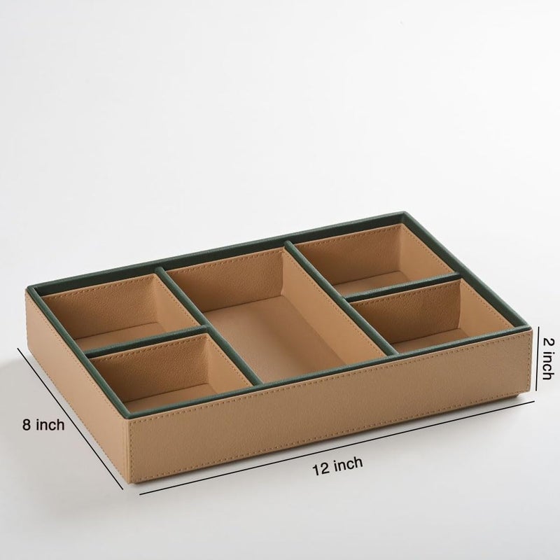 CASA BOTANICAL Handcrafted Desk Leather Organizer Tray with 5 Compartments Versatile and Stylish | Perfect for Office, Study, Table, Bedside, Cosmetic, and Decoration | Beige & Green - Multi-Functional Storage - Image 3