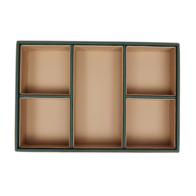 CASA BOTANICAL Handcrafted Desk Leather Organizer Tray with 5 Compartments Versatile and Stylish | Perfect for Office, Study, Table, Bedside, Cosmetic, and Decoration | Beige & Green - Multi-Functional Storage - Image 2