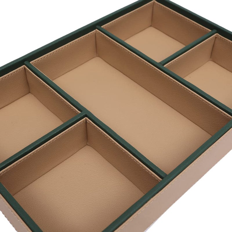CASA BOTANICAL Handcrafted Desk Leather Organizer Tray with 5 Compartments Versatile and Stylish | Perfect for Office, Study, Table, Bedside, Cosmetic, and Decoration | Beige & Green - Multi-Functional Storage - Image 4