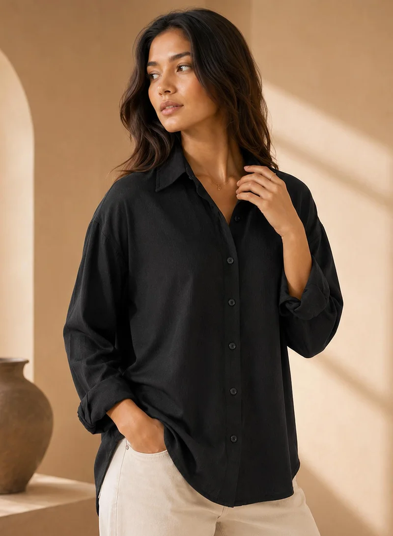 Pinacolada Women's Black Plain/Basic Oversized Shirt For Casual Wear | Collared Neck | Long Sleeve | Button Closure | Shirt Crafted With Polyester Comfort Fit For Everyday Wear