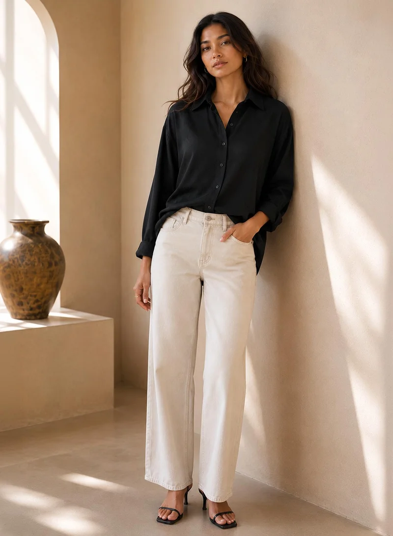 Pinacolada  Women's Black Plain/Basic Oversized Shirt For Casual Wear | Collared Neck | Long Sleeve | Button Closure | Shirt Crafted With Polyester Comfort Fit For Everyday Wear for Women | Best Price UAE