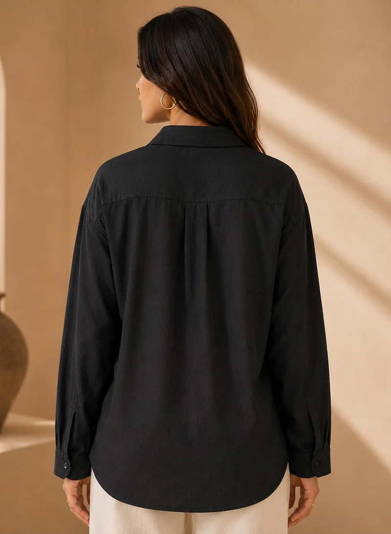 Pinacolada  Women's Black Plain/Basic Oversized Shirt For Casual Wear | Collared Neck | Long Sleeve | Button Closure | Shirt Crafted With Polyester Comfort Fit For Everyday Wear for Women | Best Price UAE