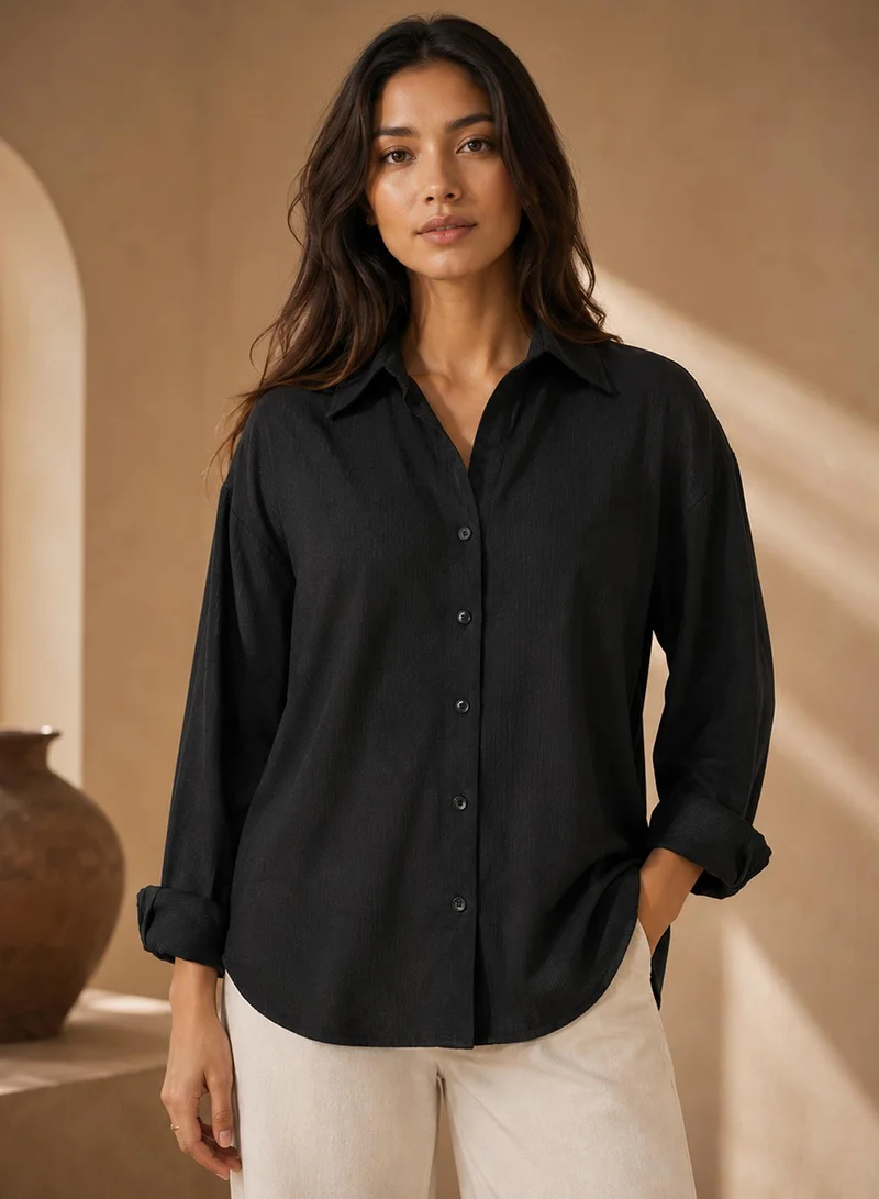 Pinacolada Women's Black Plain/Basic Oversized Shirt For Casual Wear | Collared Neck | Long Sleeve | Button Closure | Shirt Crafted With Polyester Comfort Fit For Everyday Wear