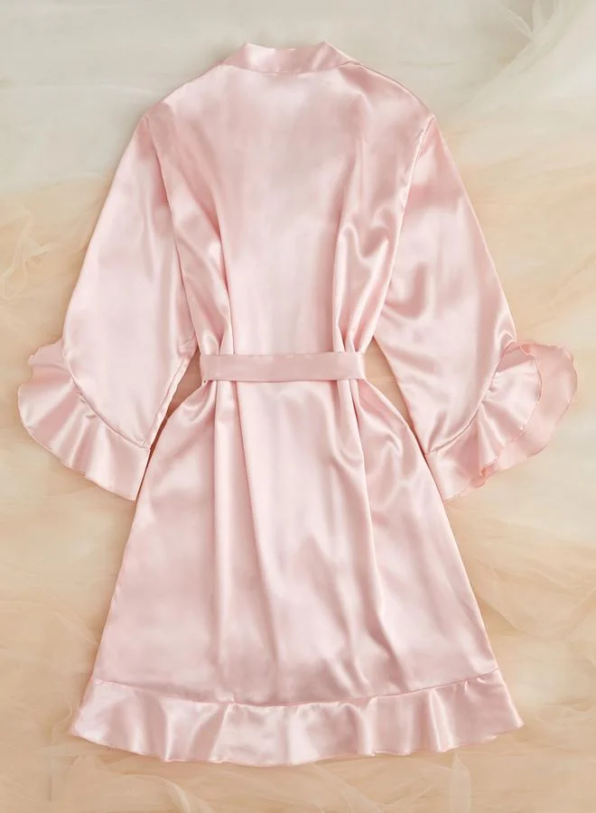 تايك تو Light Pink Satin Ruffled Trims Robe