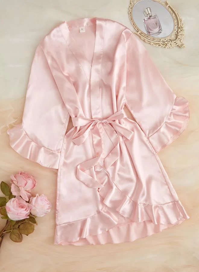 تايك تو Light Pink Satin Ruffled Trims Robe