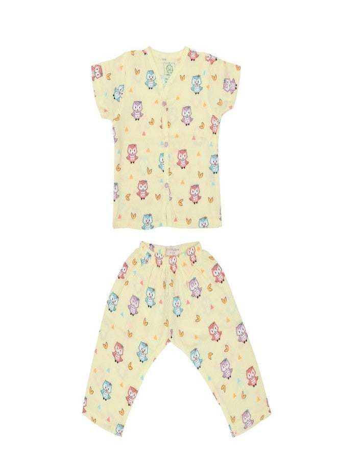 A toddler thing 100% Organic Muslin Cotton Half Sleeve Sleepsuits|Pajama Sets for Boys and Girls|Kids Nightwear|Happy Owl|1-2 Years - Image 1