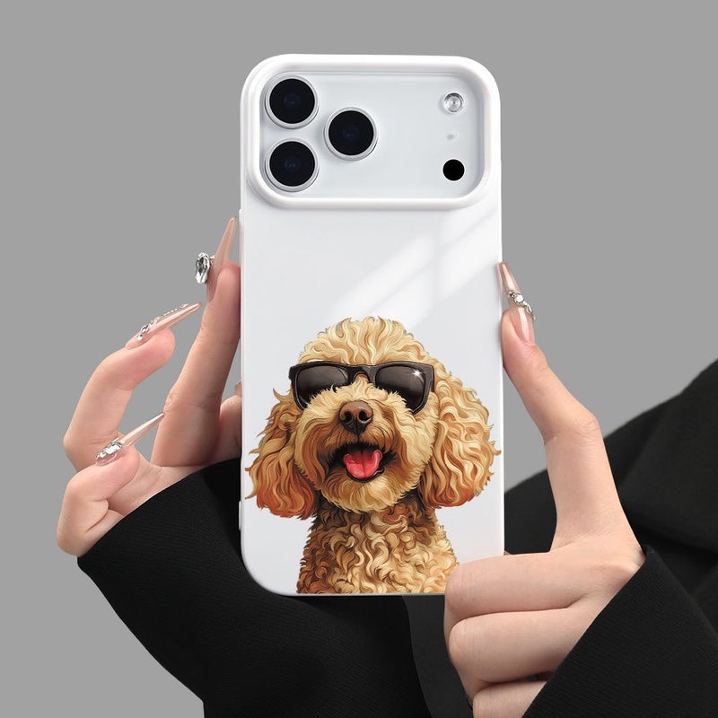 White Curly Haired Dog Glasses Case Shockproof For iPhone 16 Pro Max - Image 1