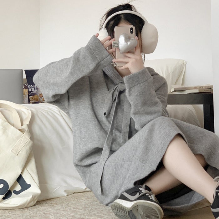 Korean Style Loose dress Womens Autumn and Winter Thickened Hooded Knitwear Western Style Wool Group Base Shirt Sweater Skirt Coat Gray - Image 1