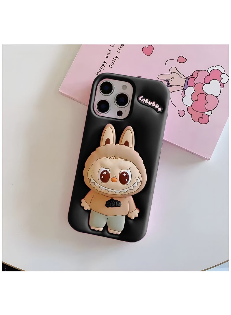 Wtech Apple iPhone 16 Pro 5G 2024 3D Labubu Cartoon Pop Case, Premium Soft Liquid Jelly Silicone Case with Phone Holder Cool Full Protective Cute Aesthetic Case Cover - Black - Image 2