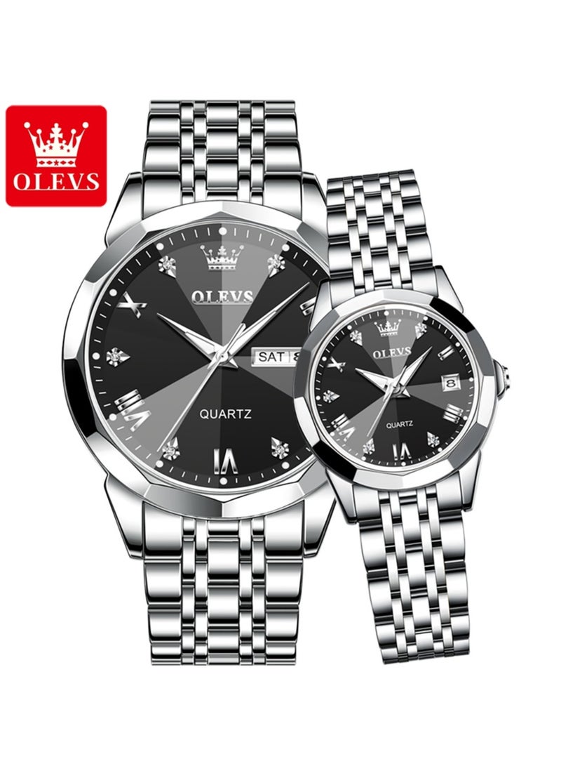 أوليفز ساعة نسائية أنيقة – قرص أسود داكن، سوار ستانلس ستيل، بإضاءة ليلية ومقاومة للماء