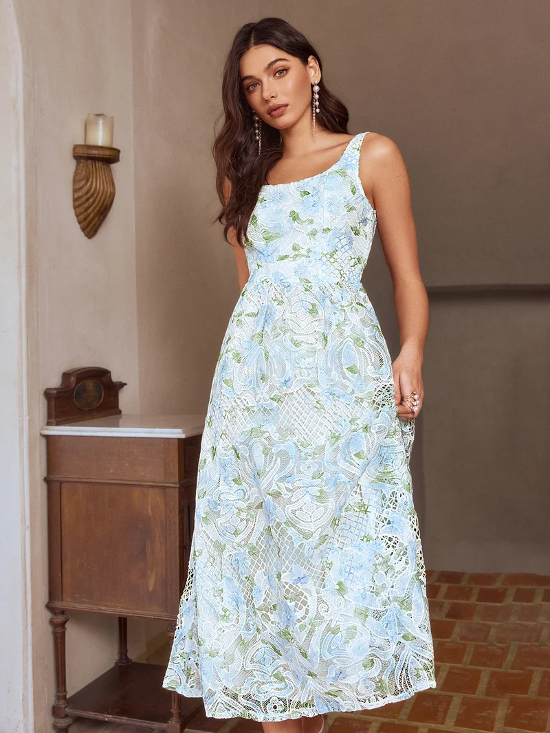 Simplee Square Neck Thin Strap Floral Midi Dress, Waist Cinched A Line Skirt, Fresh Casual Midi Dress