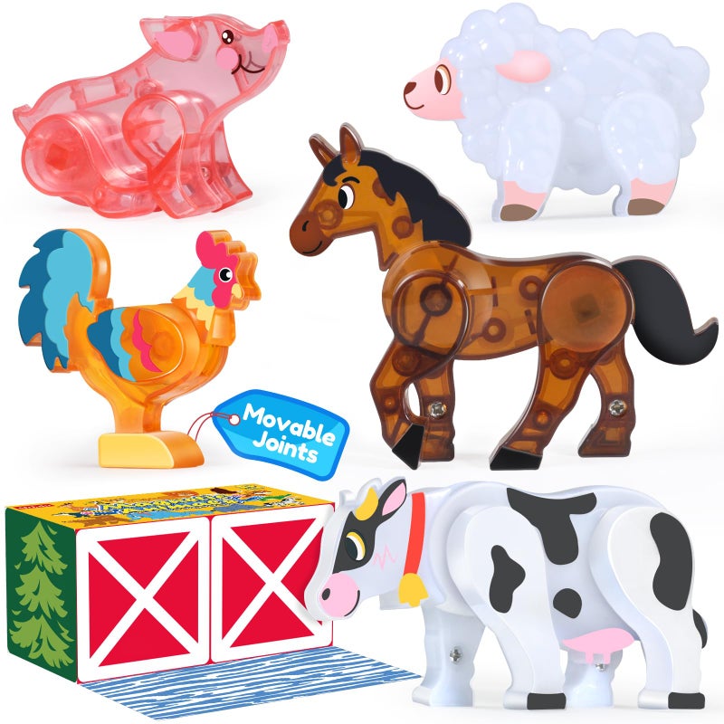 Oriate Magnetic Tiles 3D Animal Farm Toys 5pcs Farm Animals for Kids Movable Joints Animal Toys Suitable for Kids Magnetic Blocks Building Magnet Tiles STEM Educational Construction - Image 3