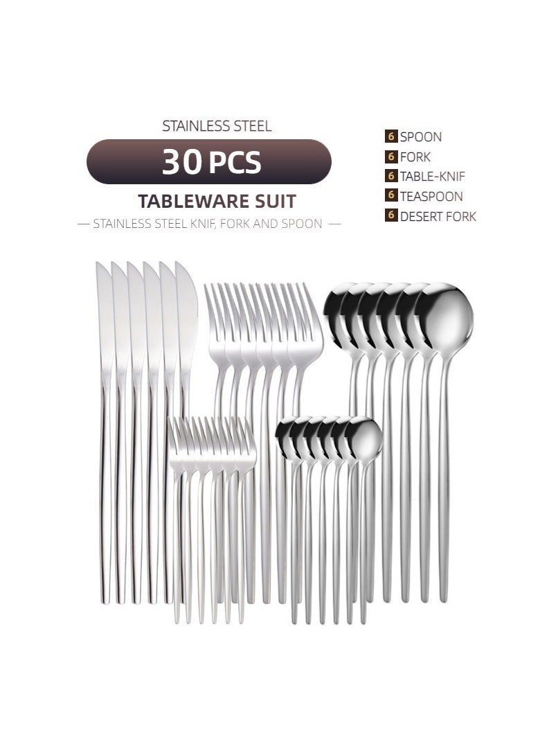 30PCS سكين شوكة ملعقة مجموعة كاملة فضية - Image 2