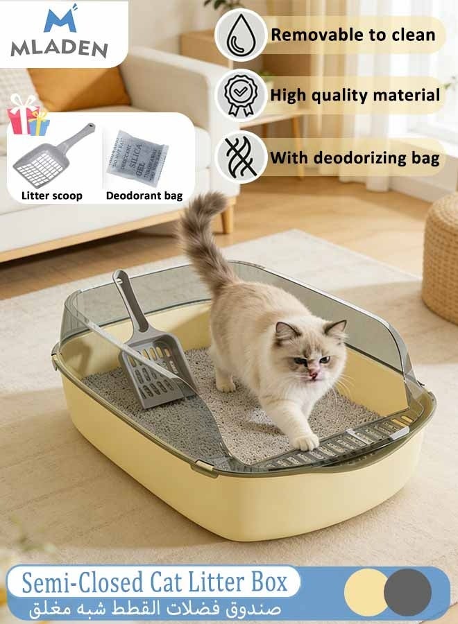 Semi-Closed Cat Litter Box Anti-Splash with Scoop & Deodorizing Bag, Oversized Detachable Potty Tray Toilet Easy to Clean, Suitable for All Kinds of Litter Cat Litter Pan (Yellow) - Image 1