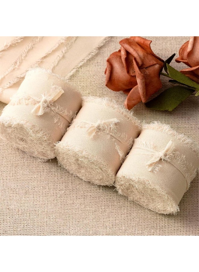 3 Rolls Handmade Fringe Chiffon Silk Ribbon, Champagne Beige Ribbons Set, Frayed Edge Ribbon, Fringe Fabric Ribbons for Wedding Invitations, Bridal Bouquets, Gifts Wrapping, DIY Crafts (1.5Inch x 5m) - Image 4