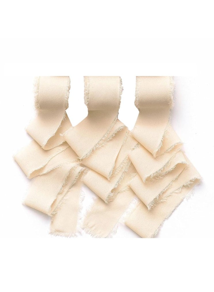 3 Rolls Handmade Fringe Chiffon Silk Ribbon, Champagne Beige Ribbons Set, Frayed Edge Ribbon, Fringe Fabric Ribbons for Wedding Invitations, Bridal Bouquets, Gifts Wrapping, DIY Crafts (1.5Inch x 5m) - Image 1