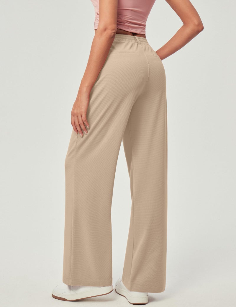 IUGA Wide Leg Pants Woman Pull on Stretchy Work Dress Pants High Waisted Business Casual Trousers Slacks Standard, X-Large, Light Khaki - Image 2