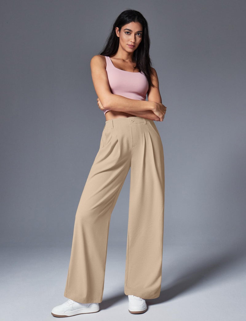 IUGA Wide Leg Pants Woman Pull on Stretchy Work Dress Pants High Waisted Business Casual Trousers Slacks Standard, X-Large, Light Khaki - Image 3