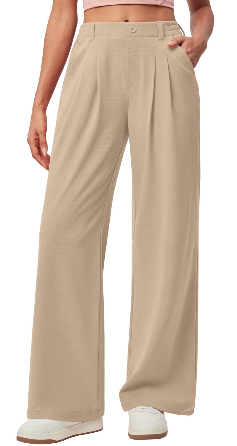 IUGA Wide Leg Pants Woman Pull on Stretchy Work Dress Pants High Waisted Business Casual Trousers Slacks Standard, X-Large, Light Khaki - Image 1